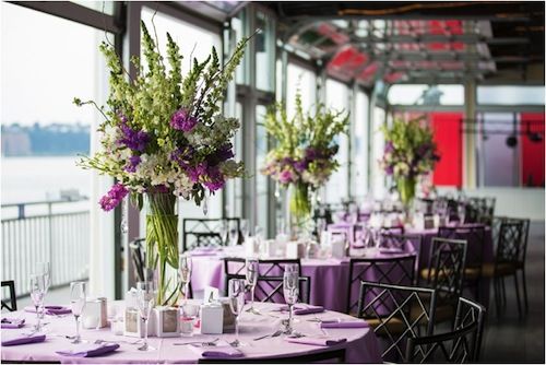 lilac and white tablescapes for hudsn river wedding at chelsea piers nyc