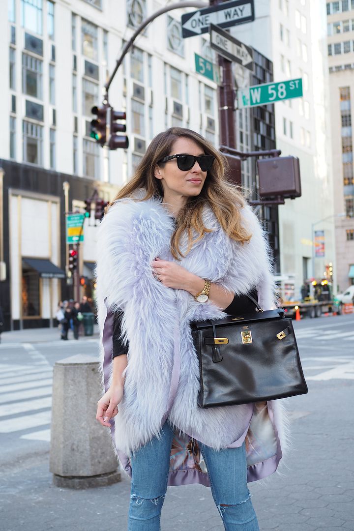 Red Birkin Bag and Pom Pom outside New York Fashion Week 2016