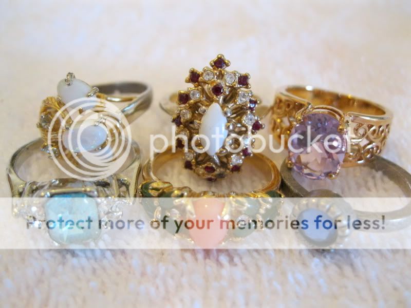   Rings 14k Gold Filled Coral Jade Rhinestone Cocktail FX Opal 7